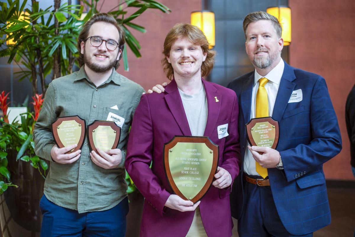 (from left) Sam Hughes, Joshua Britt, and Josh Foreman. Hughes and Britt led the Reflector’s climate change initiative with journalists at Ole Miss’s Daily Mississippian.